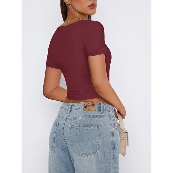 🆕 Women Red Square Neck Crop Top Sexy Short Sleeve Cute Basic Cropped T Shirts - Picture 4 of 6